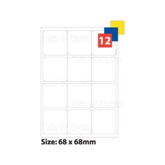 12 Labels (68mm x 68mm) per A4 Sheet with Selvedge (100 Sheets)