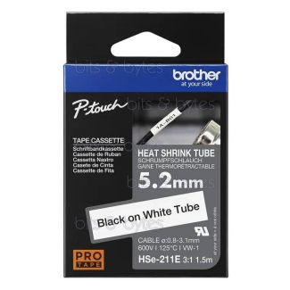 Brother HSe-211E Black on White Heat Shrink Tube Tape (5.2mm x 1.5m)